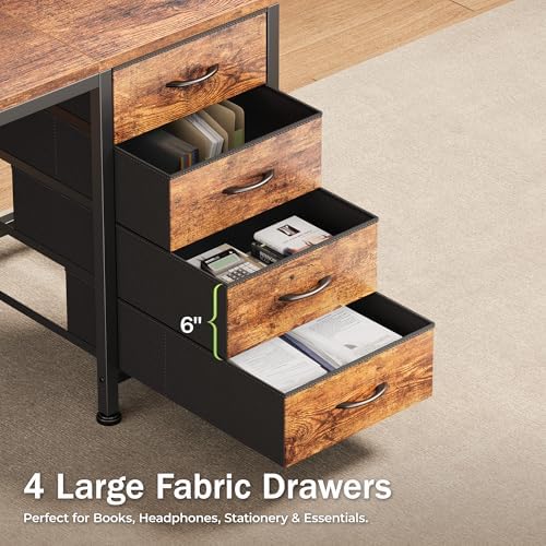 PRAISUN 47.2 Inch Computer Office Desk with Power Outelts and USB-C Port, Reversible Gaming Desk with 4 Fabric Drawers, Work Study Desk Work from Home, Rustic Brown
