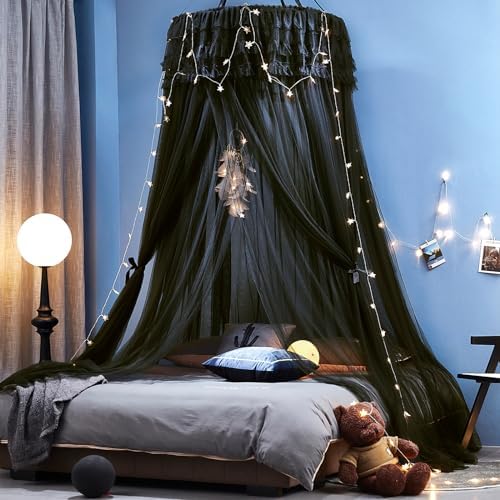 Kertnic Dreamy Bed Canopy for Girls, Princess Canopy Curtains Double Layer Sheer Mesh, Adults Canopies Netting Room Decor Tent Mosquito Net for Queen King Bed (Double Layer-Black)