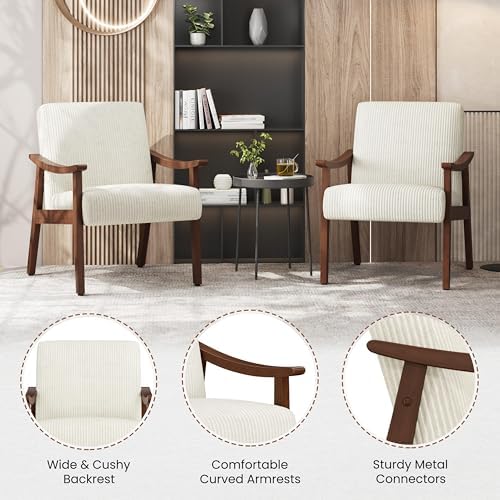 Yaheetech Accent Chairs, Mid-Century Corduroy Fabric Armchairs, Beige