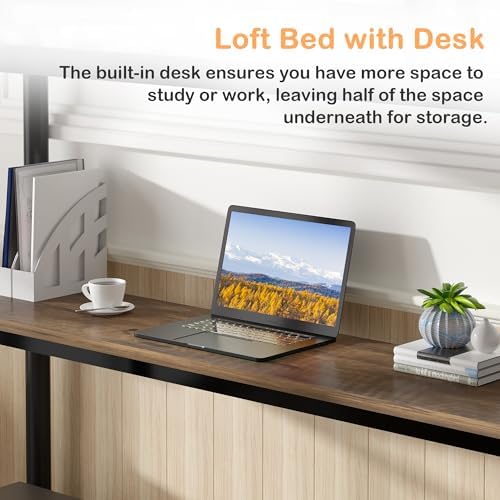 VECELO Loft Bed Twin Size with Desk, Metal Bedframe with Removable Ladder and Safety Guardrail, No Box Spring Needed, Space Saving, Noise Free, Matte Black