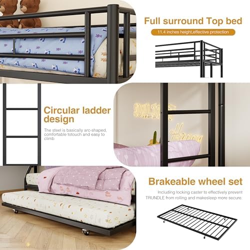 Nuturelly Twin Over Full Bunk Bed with Trundle, 400 lbs Capacity, Black