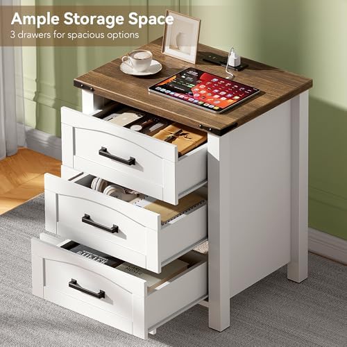 Decofy Farmhouse Nightstand Set of 2 with Charging Station, 3 Drawers