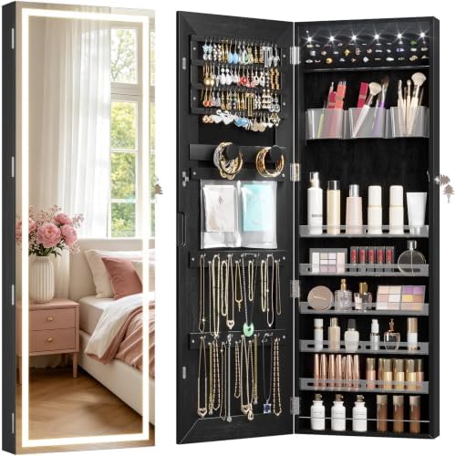 LVSOMT Wall Mounted Jewelry Organizer with Full Length Mirror, 42.5" Black | Over the Door Mirror with Storage, Lockable Jewelry Cabinet for Earring Ring Necklace, Large Capacity, Gift for Women