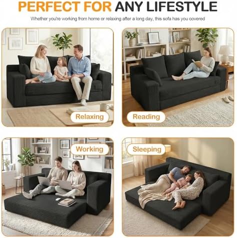 Oversize Boneless Loveseat Convertible Sofa Bed, Folding Floor Futon Sleeper Sofa Queen Size Couch Bed- Boneless Foldable Couch, Corduroy Pull Out Sofa Bed with 5 Pillows for Living Room & Bedroom