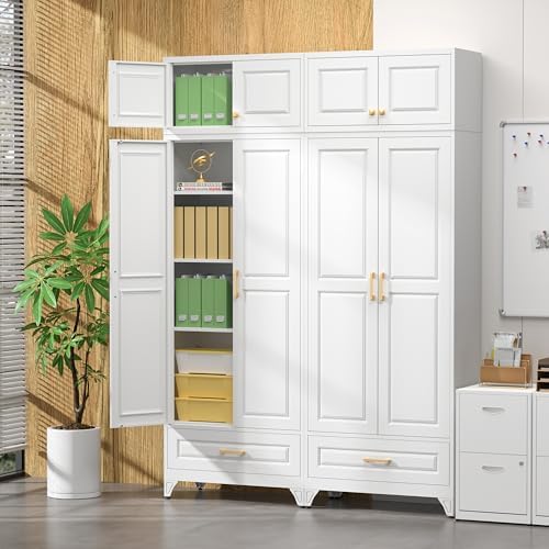 SteeLoong 90" Metal Storage Cabinet with Doors and 3 Adjustable Shelves | Kitchen Pantry Cabinet with 3 Drawers,White Kitchen Cabinet with 4 Gold Handles,Food Cupboard for Livingroom,Pantry, Bathroom