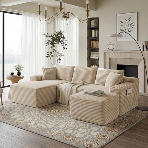 95-Inch U-Shaped Left Facing Corner Compressed Sofa Modular Sectional Boneless Cloud Sofa Floor Foam Couch W/Chaise Lounge & Ottoman, Corduroy Corner Boneless Cloud Couch