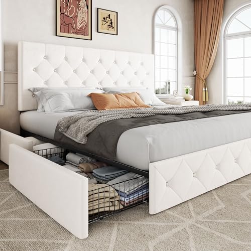 Allewie King Size Storage Bed Frame with 4 Underbed Drawers, Upholstered Platform Bed with Adjustable Headboard, Diamond Button Tufted, Easy Assembly, Noise-Free, No Box Spring Needed, Soft White