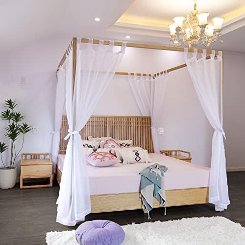 Linentalks Sheer Canopy Bed Curtains for King, Queen, Full and Twin Bed, 4 Corner Bed Canopies & Drapes, Four Poster Bed Canopy Curtains Beds, Sheer Curtains for Canopy Bed Drapes, White