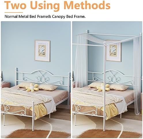 Full Canopy Bed Frame with 4 Posters, Full Size Bed for Kids Girls Adults