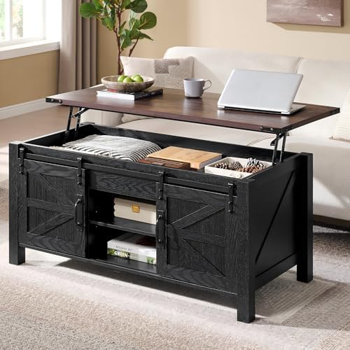 OKD 48" Farmhouse Lift Top Coffee Table, Sliding Barn Door,Black & Walnut