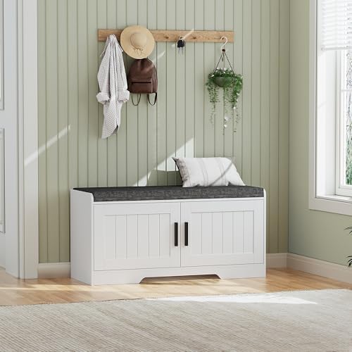 Homleke Shoe Storage Bench, 2 Doors & Thickened Padded Seat Cushion