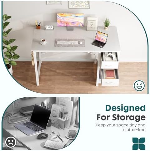 Sweetcrispy 40-Inch Computer Desk with Drawers, Office Desk, White
