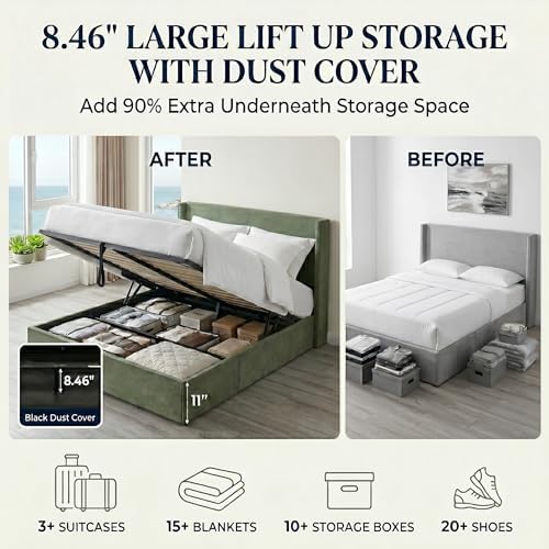 Queen Lift Up Storage Bed, Corduroy Platform Bed with Headboard, Turtle
