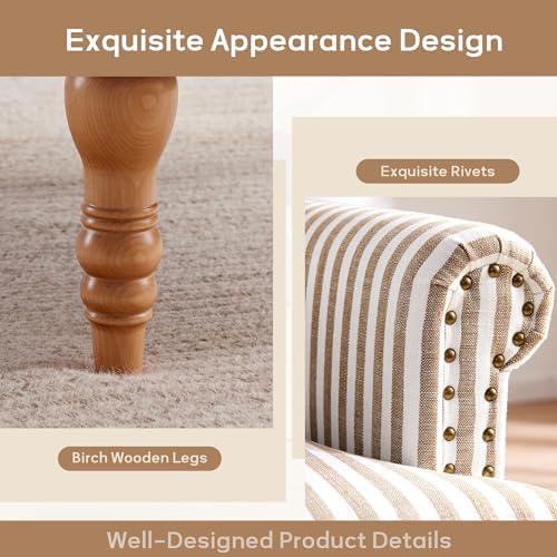 HUIMO Linen Fabric Accent Chairs Set of 2, Mid-Century Modern Armchair with Solid Wood Legs, Single Sofa Chair,Upholstered Reading Club Chair (2, Brown and White Stripe)