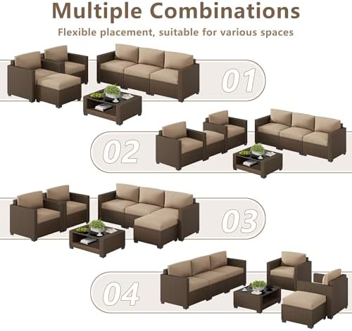LOUVIXA 7 Piece Outdoor Patio Furniture Set, Rattan Chairs Glass Table Wicker Conversation Seating Sectional Sofa with Cushions (Brown-Camel, 7Pcs-2 Layer Coffee Table)