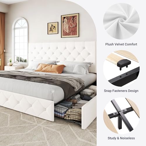 Allewie King Size Storage Bed Frame with 4 Underbed Drawers, Upholstered Platform Bed with Adjustable Headboard, Diamond Button Tufted, Easy Assembly, Noise-Free, No Box Spring Needed, Soft White