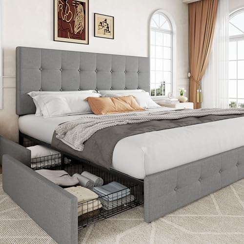 Allewie King Size Storage Bed Frame with 4 Underbed Drawers, Upholstered Platform Bed with Adjustable Headboard, Square Button Tufted, Easy Assembly, Noise-Free, No Box Spring Needed, Light Grey