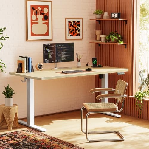 Huuger 55 X 24 Inch Electric Standing Desk with Power Outlets and USB-C Port, Height Adjustable Desk, Sit Stand Desk for Home Office, Computer & Gaming Desk with 3 Presets, Stable Steel Frame, Marple