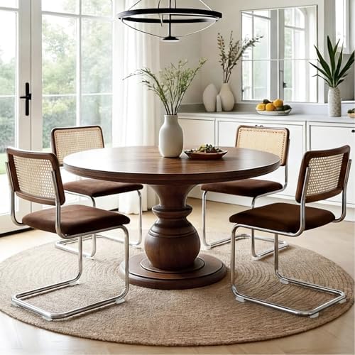 Zesthouse Rattan Dining Chairs Set of 4, Mid Century Modern Dining Room Chairs with Natural Cane Mesh & Chrome Base, Brown Cesca Chair Chenille Fabric, Farmhouse Kitchen Chair with Solid Wood Back