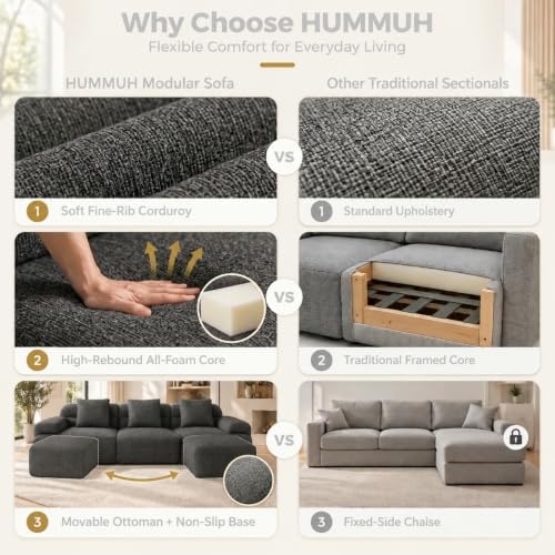 HUMMUH 120" Modular Sectional Sofa, Corduroy L Shaped Couch