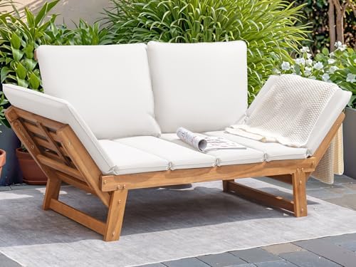 Devoko Outdoor Couch Acacia Wood Outdoor Sofa Balcony Furniture (White)