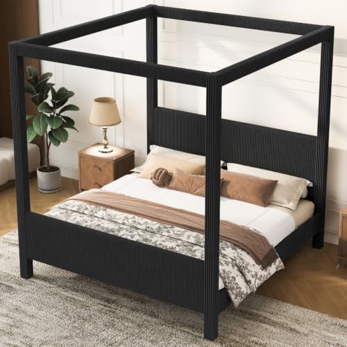King Size Canopy Bed with Upholstered Headboard & Footboard, Black
