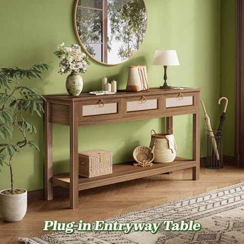 SUPERJARE Rattan Console Sofa Table with Outlets, USB-C Port and 3 Drawers