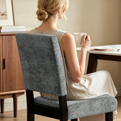 HOMYZOO Dining Chairs Set of 2, Upholstered Dining Room Chairs with Padded Seat & Solid Wood Legs, Modern Farmhouse Kitchen Chairs for Living Room/Restaurant/Cafe, Chenille Dark Gray