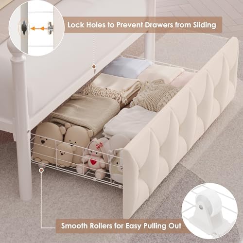 HIFIT Twin Size LED Canopy Bed Frame with Storage & Charging Station, Beige