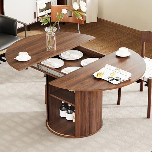 weselon 43"-59" Extendable Round to Oval Dining Table with Hidden Storage, Modern Wooden Kitchen Table with Fluted Sliding Door Cabinet, Expandable Dinner Table for Dining Room Living Room (Walnut)