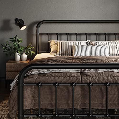 Allewie King Metal Bed Frame with Victorian Iron-Art Headboard, Black