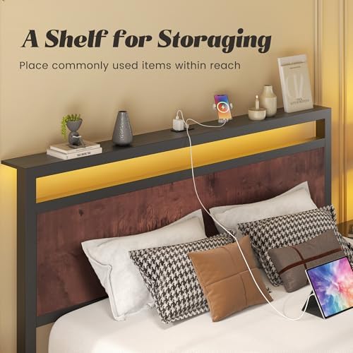 Fluest Full Bed Frame with Headboard & Footboard, Full Bed Frame with Built-in Charging Station & LED Light, Storage Shelf, Noise-Free, No Box Spring Needed, Easy Assembly, Coffee Brown