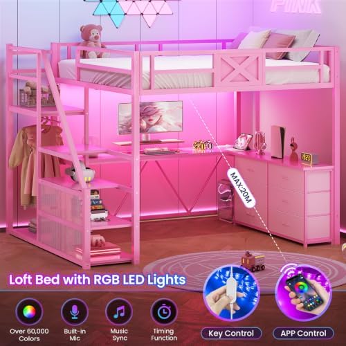 Itaar Full Size Loft Bed with Desk and Storage Stairs, Metal Loft Bed with 6 Storage Drawers, Hall Tree, LED Lights and Power Outlet, for Kids, Teens, Adults, Pink