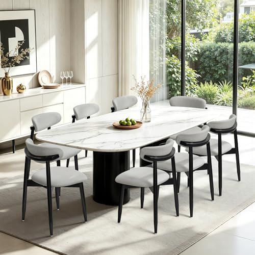 CHUN YI Dining Chairs Set of 8, Upholstered Solid Wood Dining Room Chairs, Mid Century Modern Fabric Kitchen Chairs with Ergonomic Curved Back, Gray (Only Chairs)