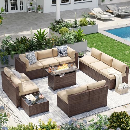 Aoxun Patio Furniture Sets, 12-Piece Outdoor Patio Furniture with 44'' Propane Gas Firepit Table, Wicker Outdoor Conversation Set Sectional Sofa for Backyard, Poolside, Garden