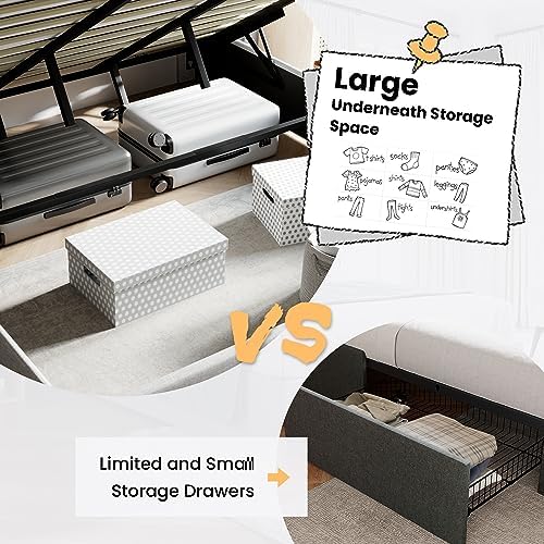 SHA CERLIN Queen Size Lift Up Hydraulic Storage Bed Frame Light Beige