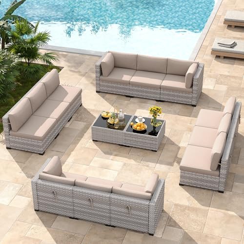 12-Seat Modular Patio Furniture Set – Outdoor Wicker Sectional Sofa with Thick 4″ Cushions, Dual-Strand PE Rattan, Rust-Resistant 18 mm Steel Frame, Backyard Garden Deck Lounge,Beige