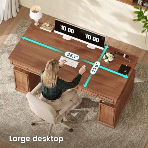 SEDETA 55.1" Farmhouse Executive Electric Standing Desk with 3 Drawers