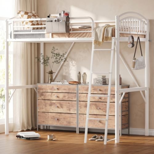 Decofy Metal Loft Bed Twin Size, Heavy Duty Loft Bed with Bedside Caddy, EVA Anti-Slip Ladder with Sturdy Guardrails, Space-Saving Twin Size Loft Bed for Teens & Adults for Bedroom Dorm (White)