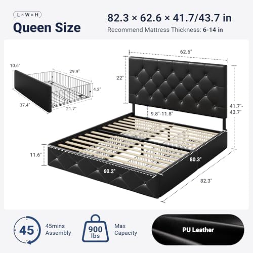Allewie Queen Size Storage Bed Frame with 4 Underbed Drawers, Upholstered Platform Bed with Adjustable Headboard, Diamond Button Tufted, Easy Assembly, Noise-Free, No Box Spring Needed, Black