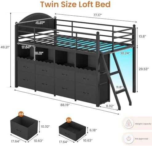 DICTAC Low Loft Bed Twin Size with 8 Drawers, 4 Bookcase & LED Lights,Black