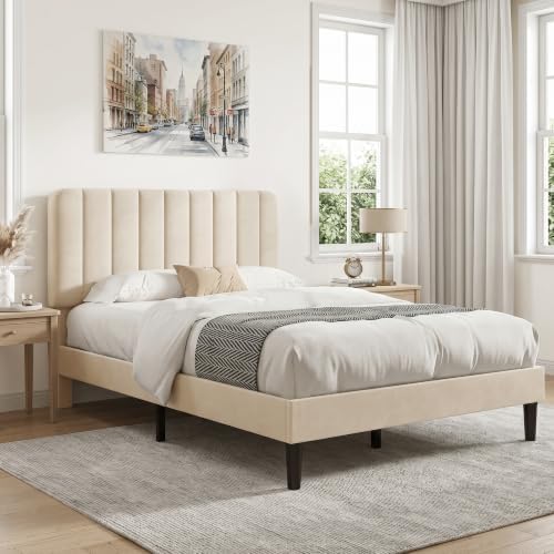 VECELO Queen Size Bed Frame with Upholstered Headboard, Velvet Platform Bedframe Mattress Foundation, Strong Wood Slat Support, No Box Spring Needed,Bone Beige