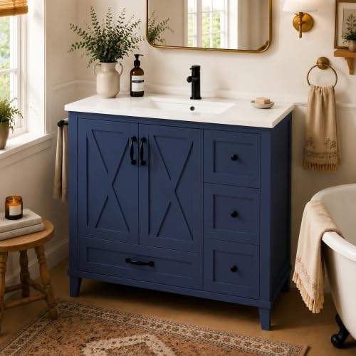 YOPTO 36" Bathroom Vanity with Sink, Freestanding Bathroom Cabinet | Ceramic Top & Backsplash, 4 Storage Drawers, X-Shaped Doors, Adjustable Shelving, Door Storage and Towel Bar, Navy Blue
