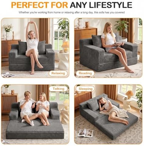 Erament Boneless Loveseat Convertible Sofa Bed, Folding Floor Futon Sleeper Sofa Couch Bed- Boneless Foldable Couch, Corduroy Pull Out Sofa Bed with 2 Pillows for Living Room & Bedroom