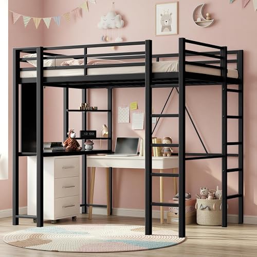 Nuturelly Twin Size Loft Bed with Desk, 13" Guardrails, Noise-Free, Black
