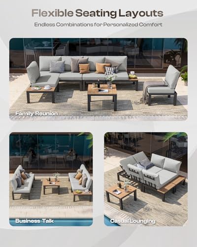 Aluminum Outdoor Patio Sofa Set, 2 Seats Modular Sectional Sofa with Side Table, Thick & Removable Cushions, All-Weather Outdoor Conversation Sets for Garden & Yard, Gray
