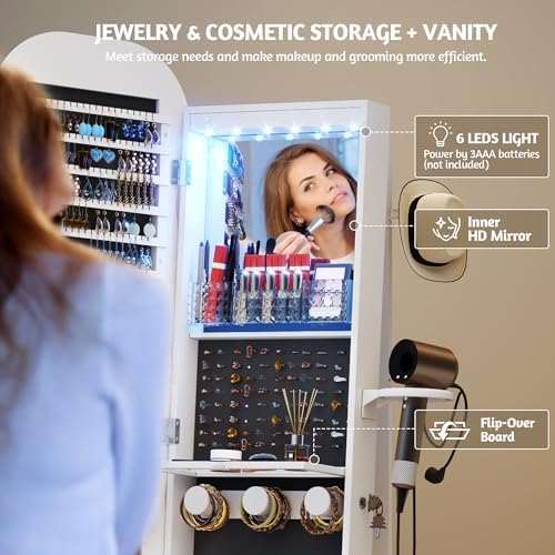 Vlsrka 360° Swivel Jewelry Armoire with Full Length Wave Mirror, White | Lockable Mirror Jewelry Cabinet Standing, Interior LED Makeup Mirror, Foldable Shelf, Large Capacity, Gift for Women, Girls