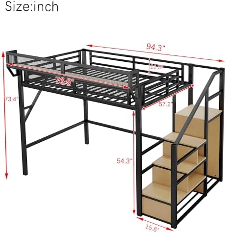 KEIKI Full Size Metal Loft Bed Frame with Convertible Staircase, Built-in Storage Shelves and Wardrobe, Loft Bed with Solid Slats, Guardrail, No Box Spring Required, Easy Assembly, for Bedroom, Black