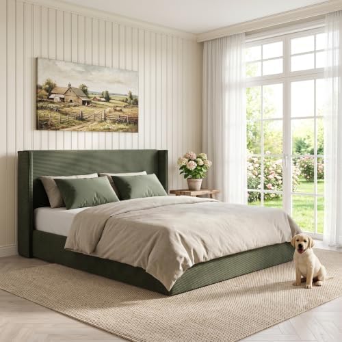 King Lift Up Storage Bed, Corduroy Platform Bed with Headboard, Turtle