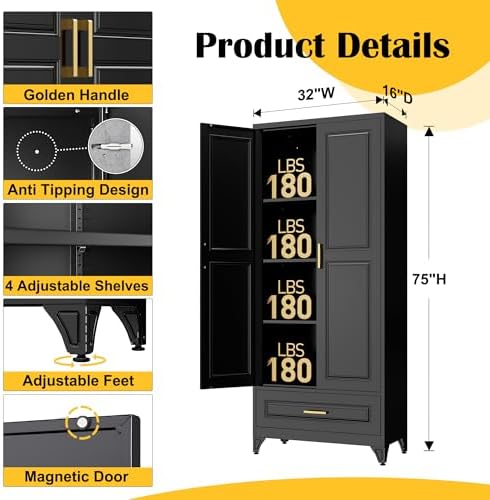 SteeLoong 75" Metal Storage Cabinet with Doors and 3 Adjustable Shelves | Kitchen Pantry Cabinet with Drawer,Black Kitchen Cabinet with 2 Gold Handles,Food Cupboard for Livingroom,Pantry, Bathroom